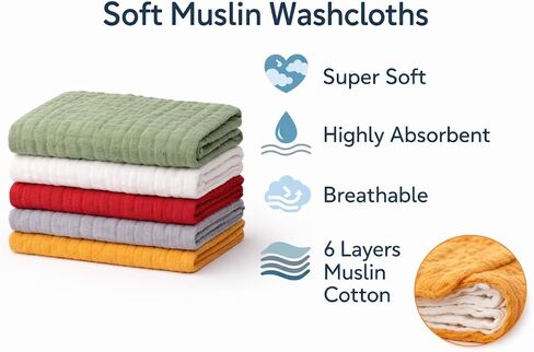 Muslin Burp Cloths for Baby, 10 Pack (2 of Each Color), 6 Layer Cotton Burp Cloths, Super Absorbent and Soft,Baby Burping Cloths for Boys and Girls, 100% Cotton, 10x20 Inches in Kuwait
