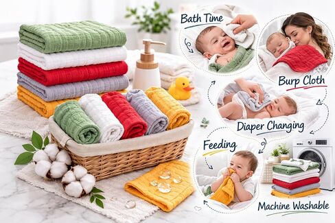 Muslin Burp Cloths for Baby, 10 Pack (2 of Each Color), 6 Layer Cotton Burp Cloths, Super Absorbent and Soft,Baby Burping Cloths for Boys and Girls, 100% Cotton, 10x20 Inches in Kuwait