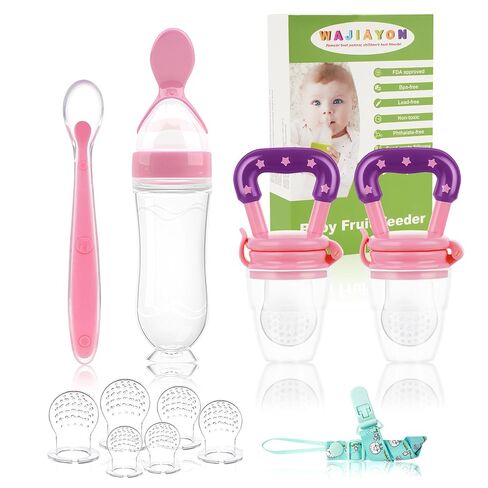 Food Feeder Baby Fruit Feeder Pacifier (3 Pcs) with 6 Different Sized Silicone Pacifiers 2 PCS Silicone Babies Food Dispensing Spoon 90ML with 2 Baby Spoons Bottle Brush Pacifier Clip in Kuwait