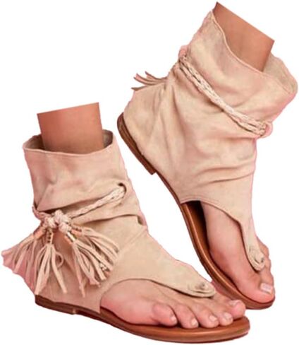 Tassel Sandals for Women - 2026 Casual Bohemian T-Strap Open Toe Beach Sandals Gladiator Fringe Flip Flops Flat Clip Toe Ankle Boots Sandals in Kuwait