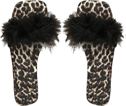 RoseSeek Women's Y2K Leopard Leather Sandals Fuzzy Open Toe Slip on Strappy Lace Up Dressy Flat Sandals in Kuwait