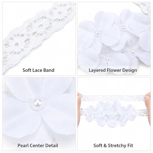 White Lace Flower Headband for Baby Girls Toddler Soft Stretch Hairbands in Kuwait