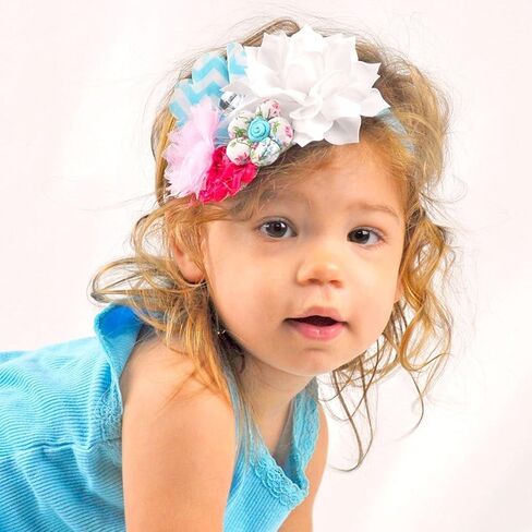 Headband Shabby Fabric Flower Cluster Baby - Infant - Toddler - Girl Stretchy Elastic White in Kuwait