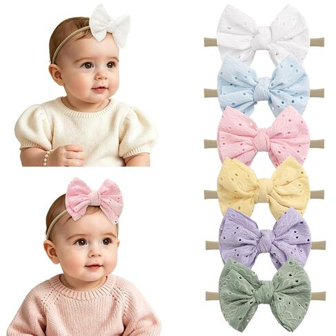 DED 6 Pcs Baby Girls Soft Nylon Headbands with Hair Bow for Infant Toddler | Elastic Hairbands, Handmade Hair Accessories for Newborn Kids in Kuwait