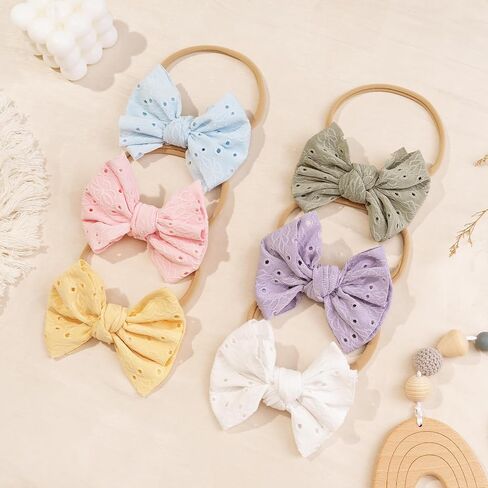 DED 6 Pcs Baby Girls Soft Nylon Headbands with Hair Bow for Infant Toddler | Elastic Hairbands, Handmade Hair Accessories for Newborn Kids in Kuwait