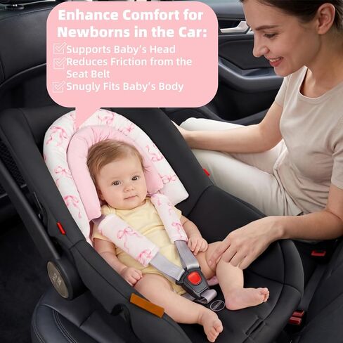 Infant Car Seat Insert with Strap Covers, 2 in 1 Car Seat Head Support Baby Girls, Soft Preemie Insert for Carseat, Stroller, Bouncer (Pink Bow) in Kuwait