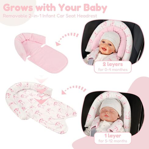 Infant Car Seat Insert with Strap Covers, 2 in 1 Car Seat Head Support Baby Girls, Soft Preemie Insert for Carseat, Stroller, Bouncer (Pink Bow) in Kuwait