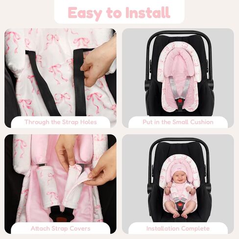 Infant Car Seat Insert with Strap Covers, 2 in 1 Car Seat Head Support Baby Girls, Soft Preemie Insert for Carseat, Stroller, Bouncer (Pink Bow) in Kuwait
