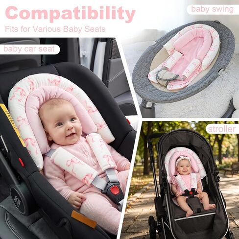 Infant Car Seat Insert with Strap Covers, 2 in 1 Car Seat Head Support Baby Girls, Soft Preemie Insert for Carseat, Stroller, Bouncer (Pink Bow) in Kuwait