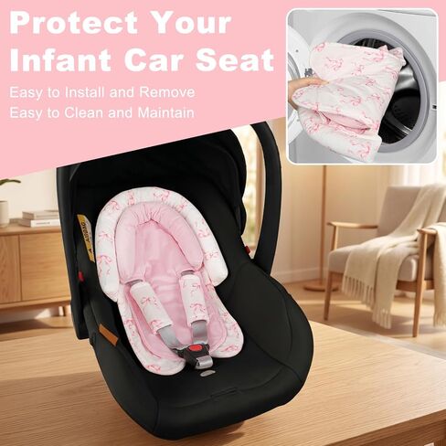 Infant Car Seat Insert with Strap Covers, 2 in 1 Car Seat Head Support Baby Girls, Soft Preemie Insert for Carseat, Stroller, Bouncer (Pink Bow) in Kuwait