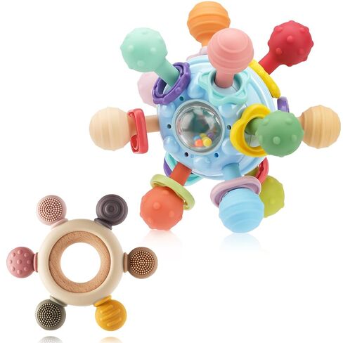 2 Pack Baby Teething Toys 0-6 6-12 Months, Silicone Teether Mitten & Ball | BPA Free, Anti Drop & Multi Textured Design, Baby Sensory Toys, Infant Chew Toys, Newborn Gifts for Boys Girls in Kuwait