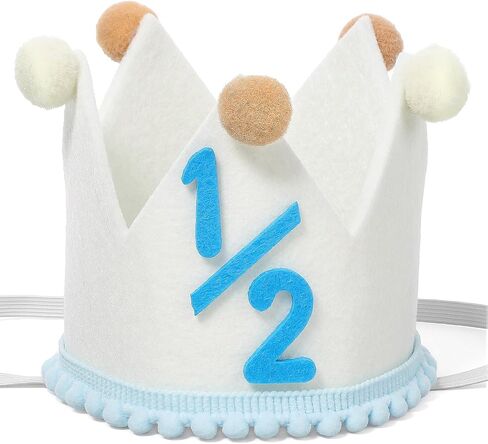 DIVINA VITAE Half Birthday Hat for Baby Boys, 1/2 Milestone Crown 6 Months with Felt Numbers Pom-Poms, Cream Blue Half Birthday Decorations for Photo Prop Party in Kuwait