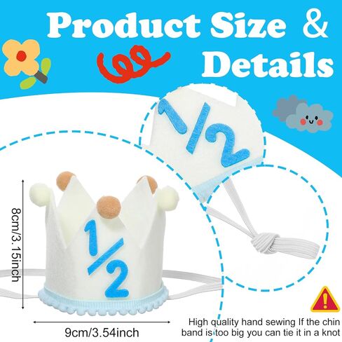 DIVINA VITAE Half Birthday Hat for Baby Boys, 1/2 Milestone Crown 6 Months with Felt Numbers Pom-Poms, Cream Blue Half Birthday Decorations for Photo Prop Party in Kuwait