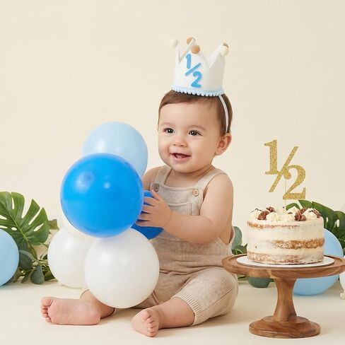 DIVINA VITAE Half Birthday Hat for Baby Boys, 1/2 Milestone Crown 6 Months with Felt Numbers Pom-Poms, Cream Blue Half Birthday Decorations for Photo Prop Party in Kuwait