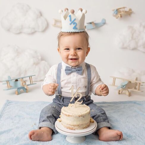 DIVINA VITAE Half Birthday Hat for Baby Boys, 1/2 Milestone Crown 6 Months with Felt Numbers Pom-Poms, Cream Blue Half Birthday Decorations for Photo Prop Party in Kuwait