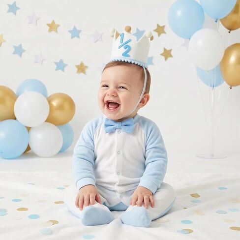 DIVINA VITAE Half Birthday Hat for Baby Boys, 1/2 Milestone Crown 6 Months with Felt Numbers Pom-Poms, Cream Blue Half Birthday Decorations for Photo Prop Party in Kuwait
