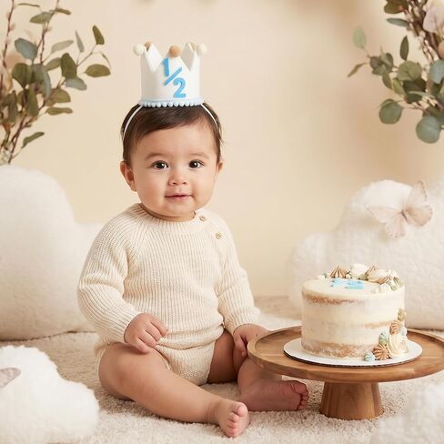 DIVINA VITAE Half Birthday Hat for Baby Boys, 1/2 Milestone Crown 6 Months with Felt Numbers Pom-Poms, Cream Blue Half Birthday Decorations for Photo Prop Party in Kuwait