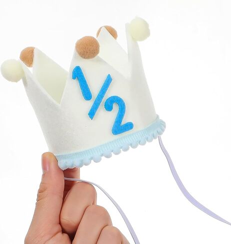 DIVINA VITAE Half Birthday Hat for Baby Boys, 1/2 Milestone Crown 6 Months with Felt Numbers Pom-Poms, Cream Blue Half Birthday Decorations for Photo Prop Party in Kuwait