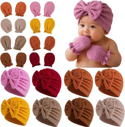 8 Sets Newborn Baby Girl Bow Hats and Mittens Turban Beanies 0-3M | Cotton preemie infant hospital cap. No-scratch gloves. Gorritos para recien nacidos niñas. Essential nursery shower gifts. in Kuwait