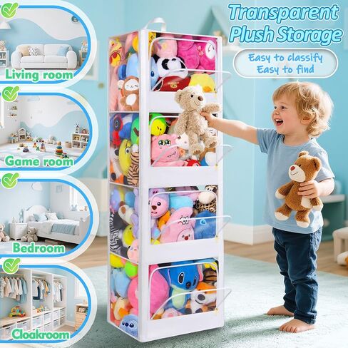 Transparent Dustproof Stuffed Animal Storage - Plushies Storage with Zipper Easy Find Items More Capacity Toy Organizer Horizontal & Vertical Dual-Use 4-Tier Space-Saving Organizer for Kids Room in Kuwait
