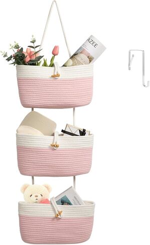 TeoKJ 3-Tier Cotton Rope Baskets with Button Strap Over the Door Wall Hanging Baskets for Nursery, Living Room, Bathroom, Door Storage Organizer for Decoration-Jute in Kuwait