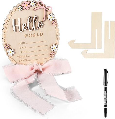Tucnoeu Baby Announcement Sign, Wooden Hello World Newborn Welcome Sign, Bow Birth Stats Signs Newborn Photo Prop, Monthly Milestone Wood Discs(Ribbon) in Kuwait