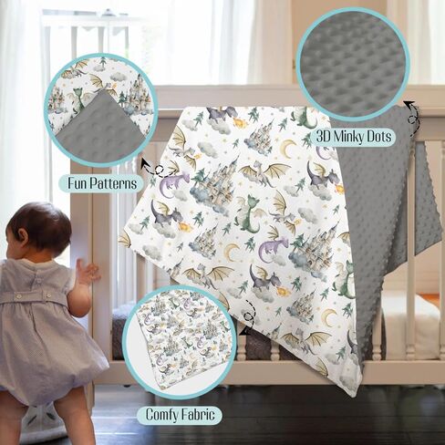 Mink Baby Boys Blanket Dragon Tale Castle, Watercolor Green Moon Clouds Stars Tree Soft Double Layer Dotted Backing Receiving Blankets, Newborn Infant Toddler Nursery Crib Bedding 30 in Saudi Arabia