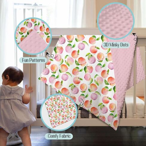 Mink Baby Girls Blankets Dirty Pink Peaches, Watercolor Cute Peach Fruit Soft Double Layer Dotted Backing Receiving Swaddle, Newborn Infant Toddler Nursery Crib Bedding Shower Gift 30" x 40" in Kuwait