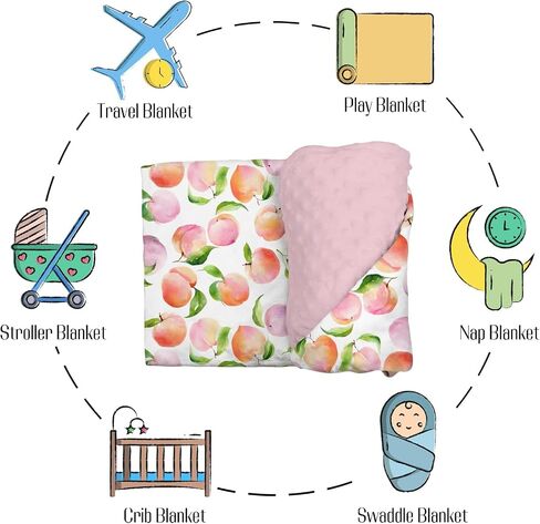 Mink Baby Girls Blankets Dirty Pink Peaches, Watercolor Cute Peach Fruit Soft Double Layer Dotted Backing Receiving Swaddle, Newborn Infant Toddler Nursery Crib Bedding Shower Gift 30" x 40" in Kuwait