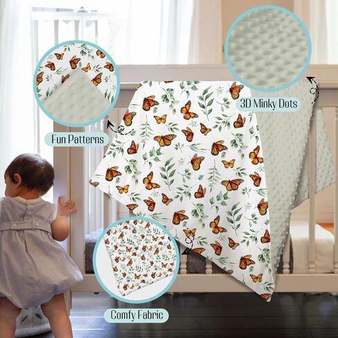 Mink Baby Girls Blankets Butterfly Green Leaves, Botanical Butterflies Soft Double Layer Dotted Backing Receiving Swaddle, Newborn Infant Toddler Nursery Crib Bedding Shower Gift 30" x 40" in Kuwait