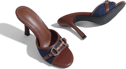 AOSPHIRAYLIAN High Heels for Women Brown Slip on Heeled Mules Sandals Women | Unique Buckle·Comfy Padded·Peep Toe·3.3" Heel Height·Leather Upper·Comfortable·True to Size —Summer, Wedding, Party, Cute in Kuwait