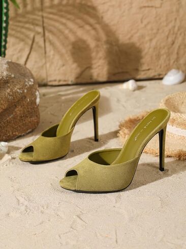 Women's Olive Green Suede-Like Peep Toe Mule Stiletto Heel Slide Sandals in Kuwait