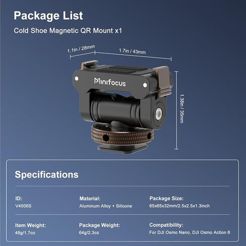 MINIFOCUS Cold Shoe Mount Adapter Compatible with DJI Osmo Nano/Action 6, Dual-Direction Magnetic Mount with 1/4" Screw Hole Quick Release Holder for Tripod DSLR Camera Hot Shoe Accessories in Kuwait
