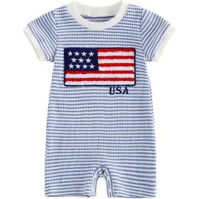 Newborn Baby Boy Girl 4th of July Outfit American Flag Short Sleeve One Piece Romper Jumpsuit Waffle Knit Bodysuit in Kuwait