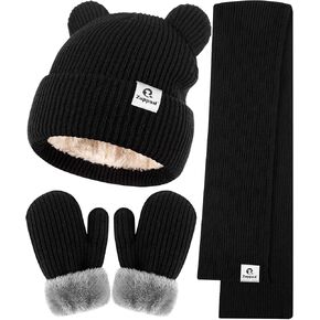 Baby Beanie Mittens Scarf Set,Toddler Infant Kids Winter Hat with Bear Ear Thermal Gloves Neck Warmer Set for Girls Boys in Kuwait