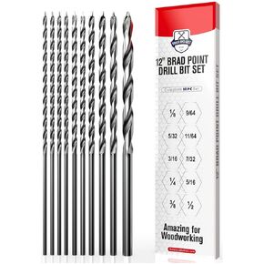 Baker and Bolt 10pc Extra Long 12" Brad Point Drill Bit Set for Wood High-Speed Steel Wood Drill Bits Set Titanium Coated Pack of 10 with Storage Sleeve (10 Pcs Brad Point 12" Long 1/8"-1/2") in Kuwait