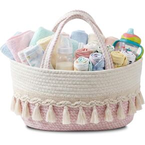 Baby Diaper Caddy Organizer, Portable Nursery Storage Basket | Cotton Rope Basket for Diapers, Wipes, Toys, and Baby Essentials, Suitable for Home, Car, and Travel (Pinkish White) in Saudi Arabia