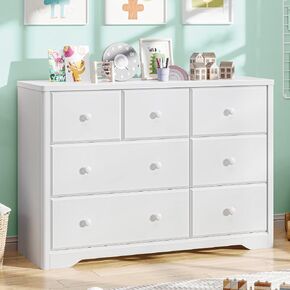 Vabches 7 Drawers Dresser Cabinet, Kids & Nursery Storage Chest, Multi-Functional Wood Large Chest of Drawers, White Dresser for Bedroom Furniture, Baby Dresser for Children's Room in Saudi Arabia