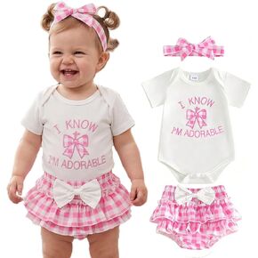 Newborn Baby Girl Summer Clothes Bow Headband Embroidery Short Sleeve Romper Bubble Shorts Set Outfits for Girls in Kuwait