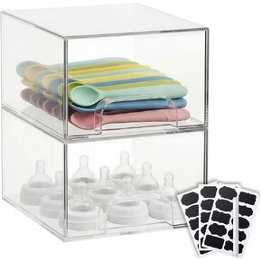 Baby Bottle Organizer Stackable, 5 Pack Clear Stackable Storage Drawers with 3 Stickers & 1 Pen, for Stationery, Cosmetics, Bathroom, Vanity, Countertop & Cabinet ((7.7" and 4.2" Tall and 12.2" Wide) in Kuwait
