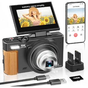 5K Digital Camera for Photography, 80MP Vlogging Camera for YouTube | 12 Optical Zoom, Autofocus, 3" 180° Flip Screen, Retractable Lens, Flash, 16GB Micro SD Card & 2 Batteries in Kuwait