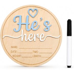 Baby Announcement Sign, Wooden He's here Newborn Signs, ​5.9 Inch Birth Announcement Sign, Gender Reveal Signs, He's here Decoration, Welcome Newborn Arrival To World in Saudi Arabia