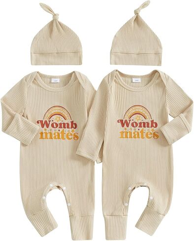 Seyurigaoka Newborn Baby Boy Girl Twins Matching Outfits Womb Mates Romper | Cotton Blend Twins Baby Items, Long Sleeve Jumpsuit, Mitten Cuffs, Going Home Outfits in Kuwait