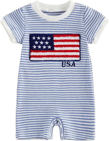 Newborn Baby Boy Girl 4th of July Outfit American Flag Short Sleeve One Piece Romper Jumpsuit Waffle Knit Bodysuit in Kuwait