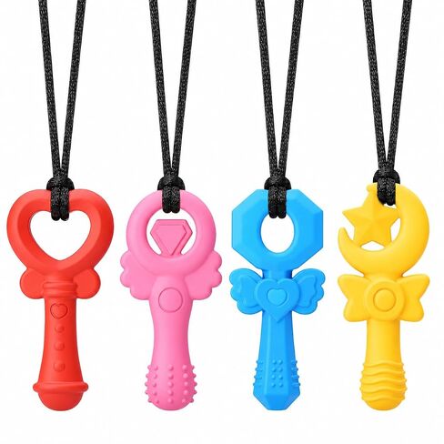 Chew Necklaces for Sensory Kids Girls, 4 Pack Silicone Sensory Chew Necklace for Autism ADHD SPD, Cute Magic Wand Chewelry for Anxiety Relief, Oral Motor Fidget Toys for Moderate Chewers in Kuwait
