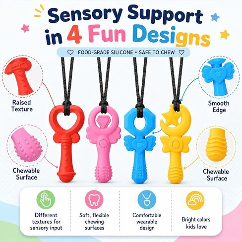 Chew Necklaces for Sensory Kids Girls, 4 Pack Silicone Sensory Chew Necklace for Autism ADHD SPD, Cute Magic Wand Chewelry for Anxiety Relief, Oral Motor Fidget Toys for Moderate Chewers in Kuwait