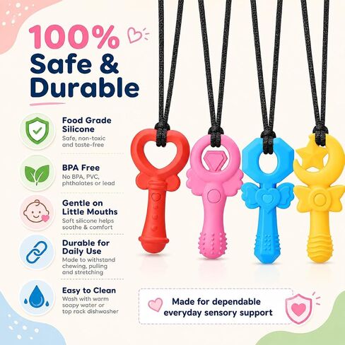 Chew Necklaces for Sensory Kids Girls, 4 Pack Silicone Sensory Chew Necklace for Autism ADHD SPD, Cute Magic Wand Chewelry for Anxiety Relief, Oral Motor Fidget Toys for Moderate Chewers in Kuwait