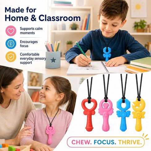 Chew Necklaces for Sensory Kids Girls, 4 Pack Silicone Sensory Chew Necklace for Autism ADHD SPD, Cute Magic Wand Chewelry for Anxiety Relief, Oral Motor Fidget Toys for Moderate Chewers in Kuwait
