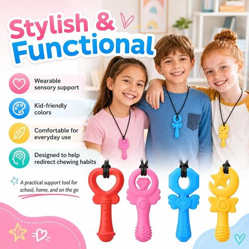 Chew Necklaces for Sensory Kids Girls, 4 Pack Silicone Sensory Chew Necklace for Autism ADHD SPD, Cute Magic Wand Chewelry for Anxiety Relief, Oral Motor Fidget Toys for Moderate Chewers in Kuwait