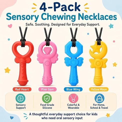 Chew Necklaces for Sensory Kids Girls, 4 Pack Silicone Sensory Chew Necklace for Autism ADHD SPD, Cute Magic Wand Chewelry for Anxiety Relief, Oral Motor Fidget Toys for Moderate Chewers in Kuwait